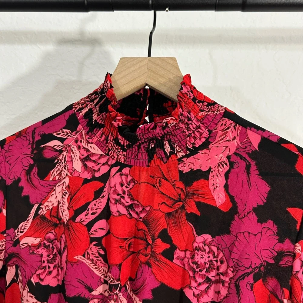 Nanette Lepore Long Sleeve Smocked Floral Midi Dress 4 Red Romantic Feminine - Picture 3 of 10